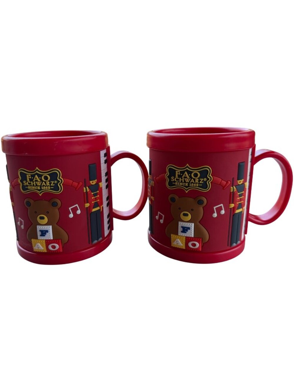 Set 2 FAO Schwartz Galerie 10 oz. Red Christmas Mugs 3D Embossed Design 3.75"H